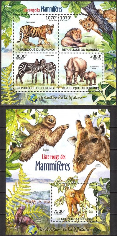 Burundi 2012 Mammals of Red List Lions Rhinoceros Monkeys Tigers Sheet + S/S MNH