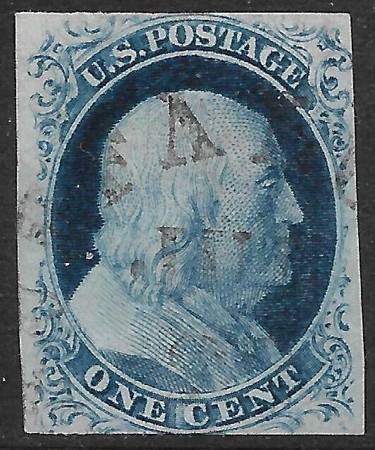 Doyle's_Stamps: XF Used 1852 1c Imperf Franklin, Scott #9