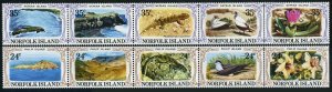 Norfolk 288-289 strips, MNH. Mi 276-285. Nepean, Philip Islands views,1982. Bird