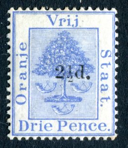 Orange Free State 1892. 2 1/2d on 3d ultramarine. Mint Hinged. SG67.