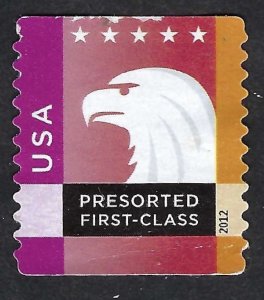 United States #4588 Presorted FC (25¢) Eagle (2012). Coil. Paper on back. Used.