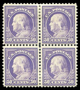 United States, 1910-30 #517 Cat$210, 1917-19 50c red violet, block of four, w...