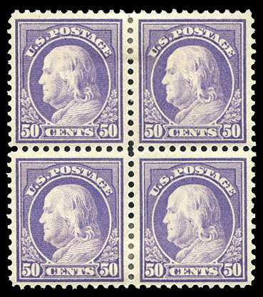 United States, 1910-30 #517 Cat$210, 1917-19 50c red violet, block of four, w...