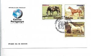 PARAGUAY 2002 HORSES SET OF3 ON FIRST DAY COVER FDC FAUNA SPECIAL CANCEL FDC