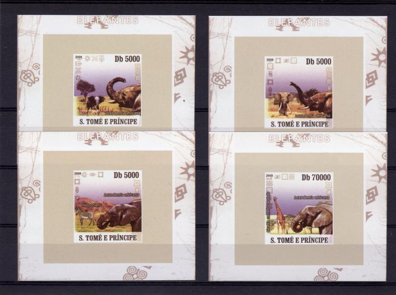 St.Thomas & Prince 2008 Elephants/Giraffe 4 Souvenir Sheets Imperforated MNH