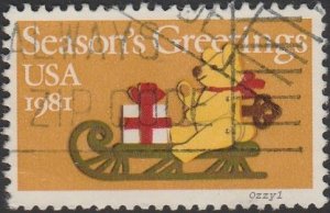 USA #1940 1981  Teddy Bear on Sleigh Christmas USED-Fine-NH.