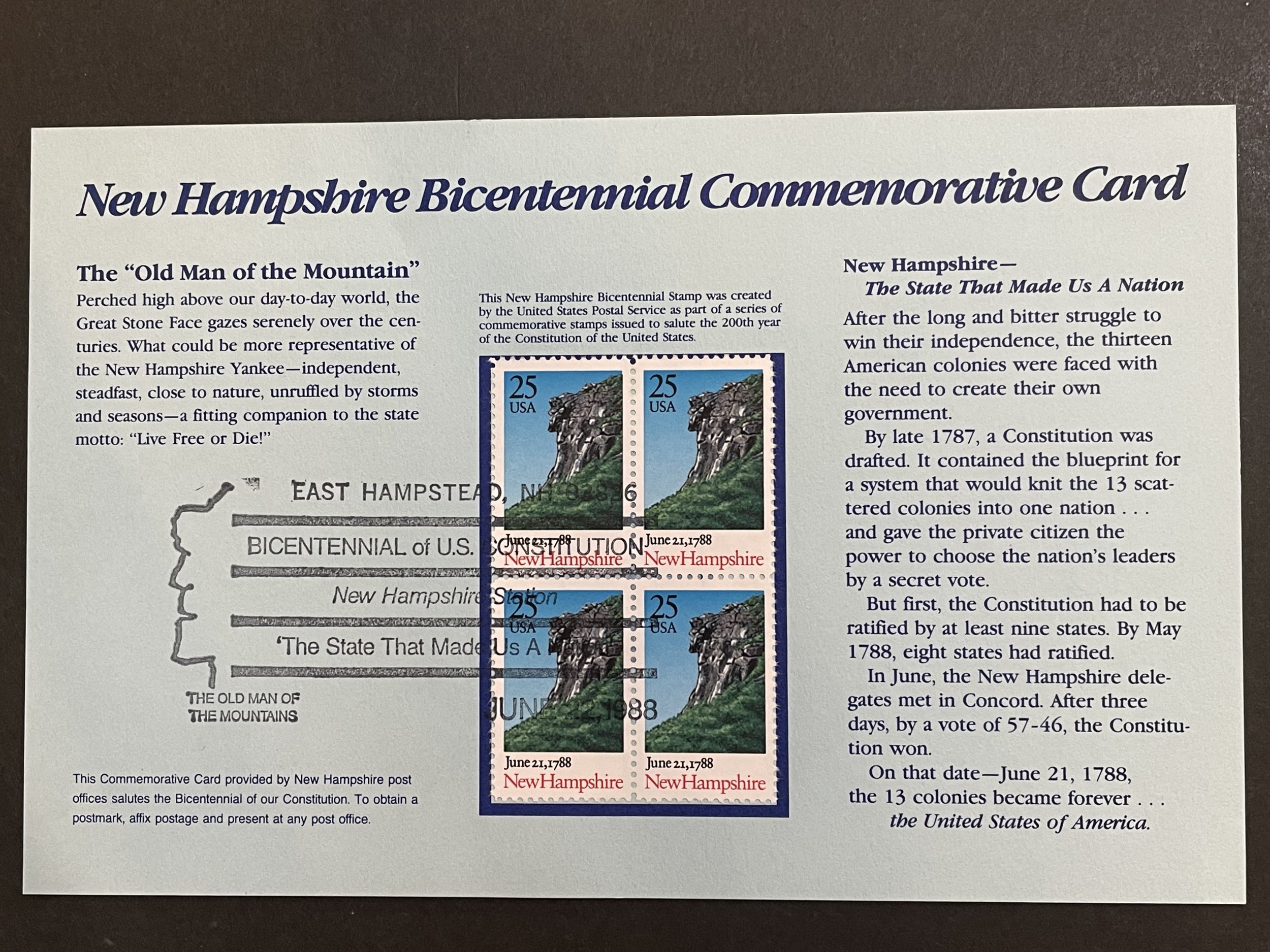 East Hampstead NEW HAMPSHIRE BICENTENNIAL Commemorative Card Block of 4