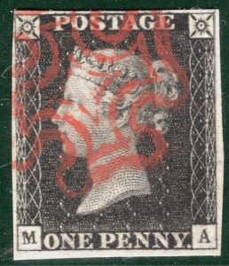 GB PENNY BLACK QV 1840 Stamp SG.2 1d Plate 2 (MA) Super Red MX Cat £375 SBR59