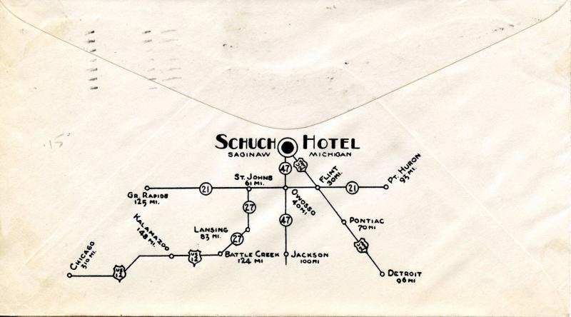 U.S. Scott 632, 634 On 1st Class Mail Schuch Hotel 2-Sided Ad Cover fr. Michigan