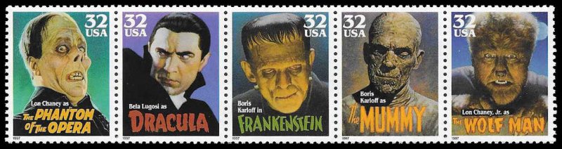 PCBstamps   US #3168/3172a Strip $1.60(5x32c)Movie Monsters, MNH, (9)