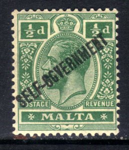 Malta 1922 KGV 1/2d Green Ovpt Self Govt Misprint GG MM SG 115 ( D405 )