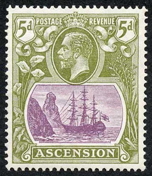 Ascension SG15da 5d Purple and Olive-Green Variety Broken Mainmast U/M