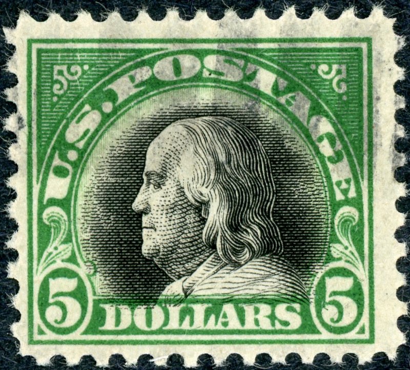 #524 – 1918 $5 Franklin, deep green and black. Used.