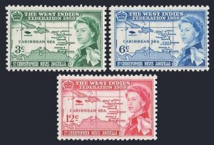 St Kitts-Nevis 136-138, MNH. Mi 129-131. West Indies Federation, 1958. Map.