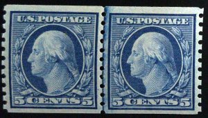 Scott#496 -VF - 5c Blue - Large Hole - Joint Line Pair-Washington - HR OG - 1919