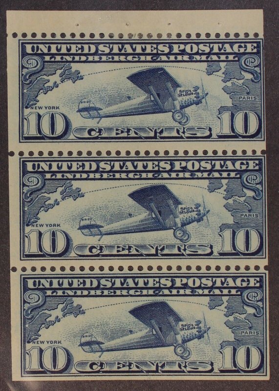 Scott C10a - 10 Cents Lindbergh - OG MH  - Booklet Pane Of 3 SCV - $70.00