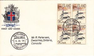 Iceland 1959 FDC Sc #320 90a Eider ducks Block of 4