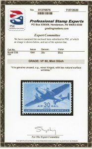 US Stamp #C30 Airplane 30c, PSE Cert VF 80 - Mint OGNH - SMQ $15.00