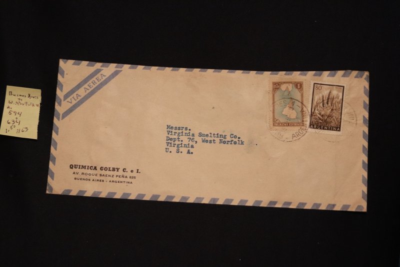 Argentina 594 & 634 on cover Buenos Aires to W. Norfolk VA (#1163)
