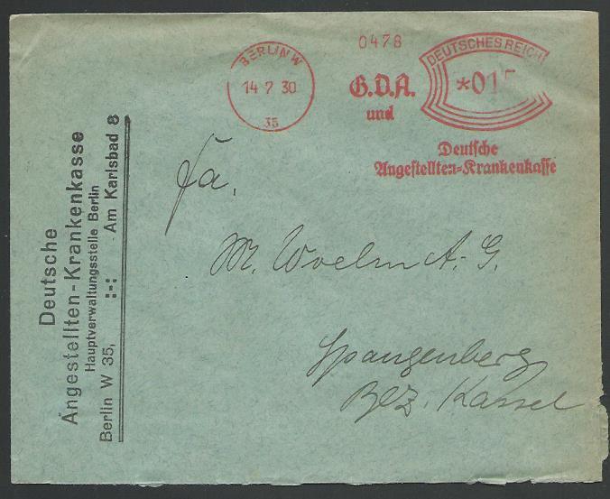 GERMANY 1930 cover red meter BERLIN, Deutsche Angestellten Krankenkasse....57062