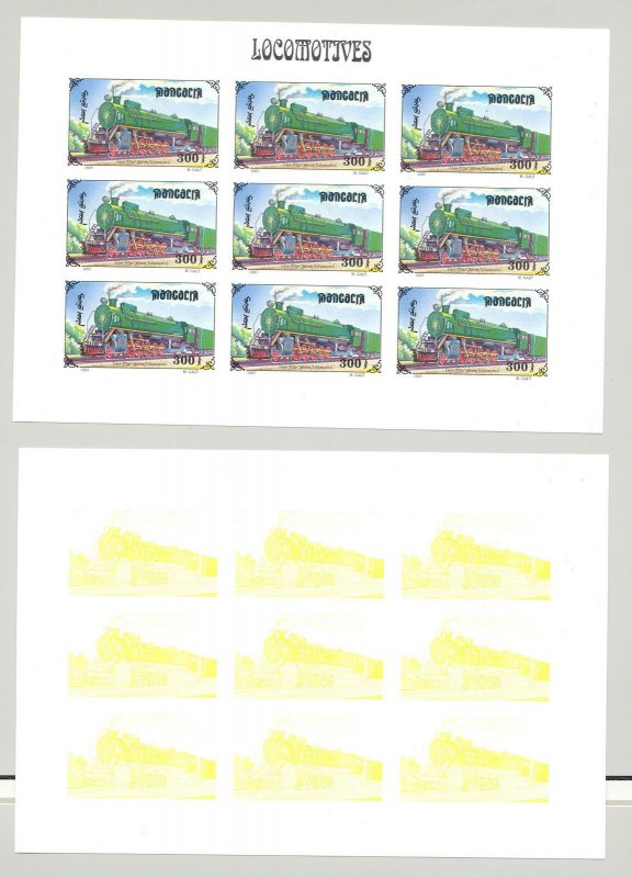 Mongolia #2255e Trains, Steam 1v Imperf M/S of 9 x 7v Progressive Proofs