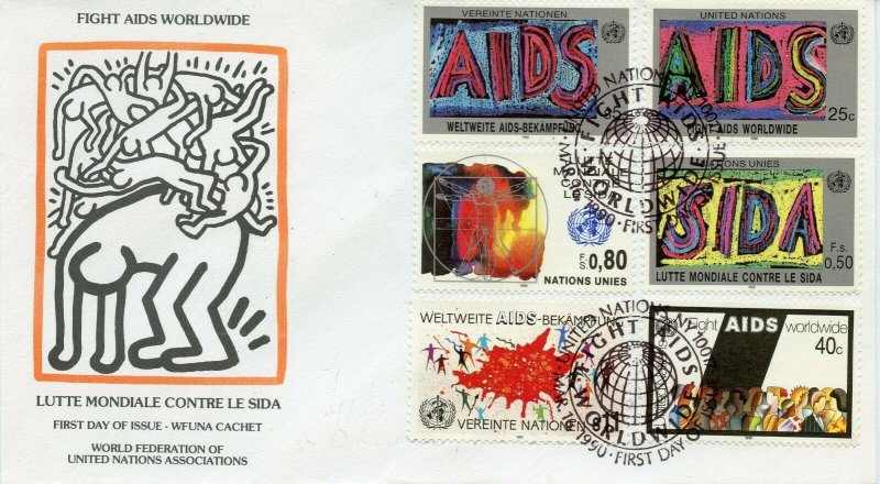 UNITED NATIONS WFUNA 1990 COMPLETE SET ON 1 FDC CACHET DESIGN BY KEITH HARING