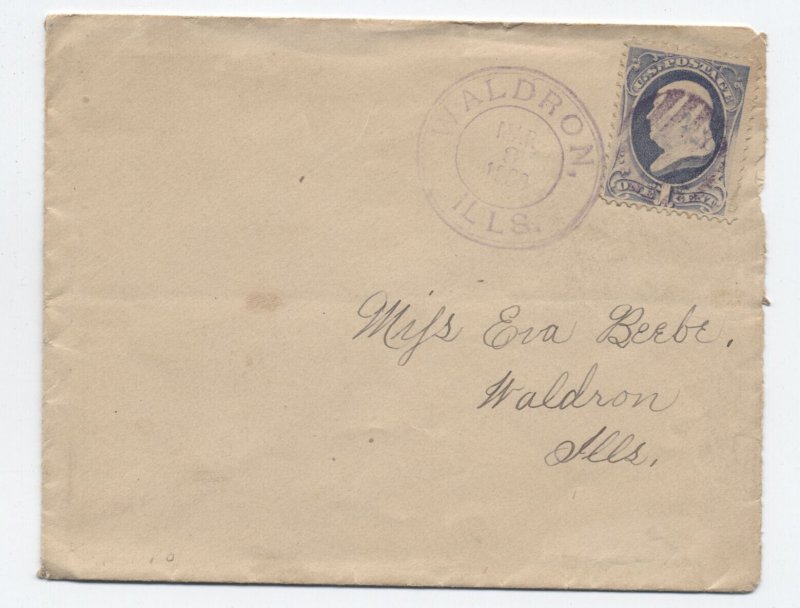 1880s Waldron IL double lined double circle CDS 1ct banknote drop cover [H.3108]