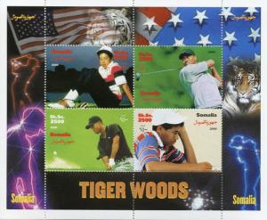 Somalia 2000 MNH Tiger Woods 4v M/S Golf Sports Tigers Wild Animals Stamps