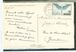 Switzerland C22 1938 Postcard Scharna to Yverdan 7/14/38 black/white Mountain scene on front.