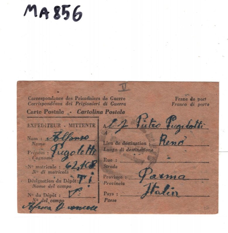 FRENCH ALGERIA/ITALY POW MAIL Card Parma 1945{samwells-covers}MA856