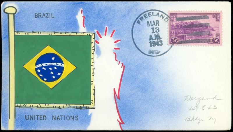 1943 MAE WEIGAND Hand Painted Cover BRAZIL Flag, United Nations, FREELAND MD CDS