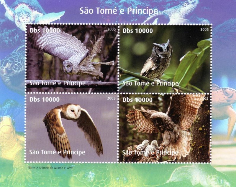 Sao Tome and Principe Islands 2005 Owls-Turtles Sheetlet  (4) Perforated MNH