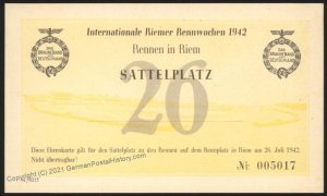 3rd Reich Munich Germany 1942 Braunes Band Horse Race Paddock Ticket 106169