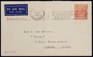 AUSTRALIA 1939 Airmail cover Moree-Sydney franked KGV 5d..