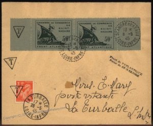 Germany 1945 WWII St Nazaire Mi1 Occupied France Sailing Ship Cover 105290