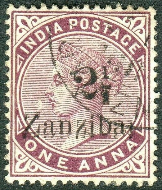 ZANZIBAR-1895-6 2½ on 1a Plum.  A fine used example Sg 25