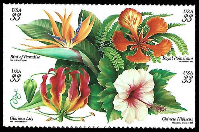 PCBstamps    US #3310/3313a Bk Block $1.32(4x33c)Tropical Flowers, MNH, (7)