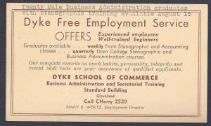 1941 DYKE FREE EMPLOYMENT SVCE SCHOOL EMPLOYEES HELPED TO FINE JOBS CLEVELAND OH