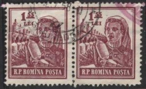 Romania 1031 (postally used pair) 1.55L spinner, brn lake (1955)