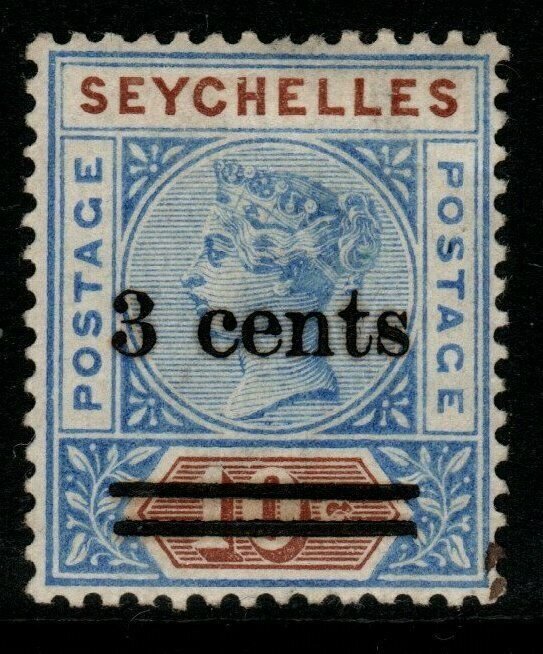 SEYCHELLES SG37 1901 3c on 10c BRIGHT ULTRAMARINE & BROWN MTD MINT