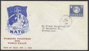 1959 #384 NATO 10th Anniversary FDC Personal Cachet Granby PQ CDS