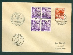 Liechtenstein. 1939 Cover, Balloon Post, Sweiz. 5 Cancels. 4-Block. Sc# 138+140.