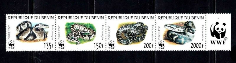 Benin stamps, strip of 4 w/tab #1086, MNH, topical, World Wildlife Fund, anim...