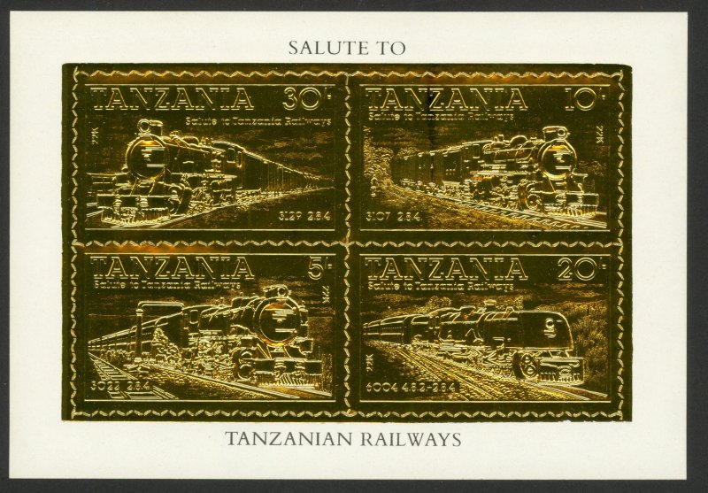 TANZANIA 1985 RAILWAYS Souvenir Sheet GOLD PROOF Sc 274a Var MNH