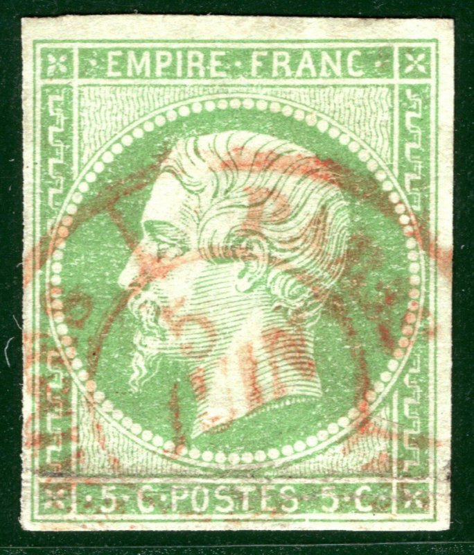 FRANCE Classic Scott.13b 5c Pale Green NAPOLEON Used SUPERB RED CDS SGREEN59