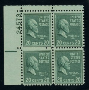 US Stamp #825 James Garfield 20c - Plate Block of 4 - MOGNH - CV $5.50