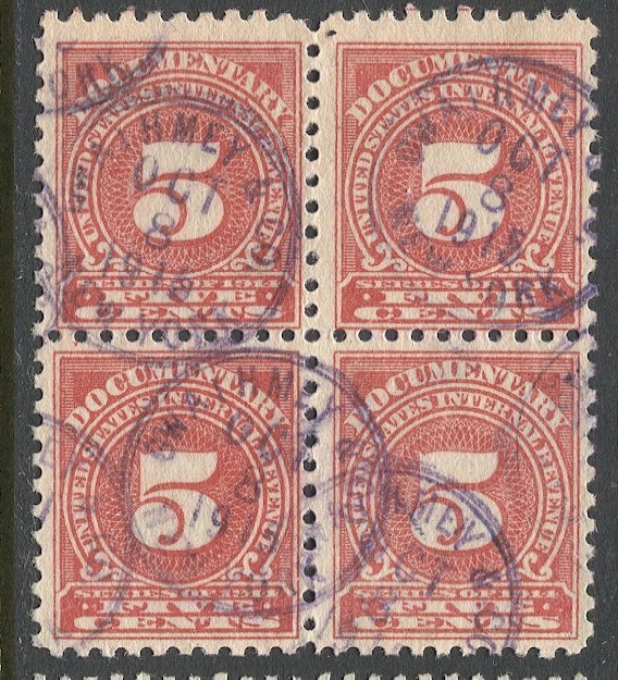 US  Sc R211 5c Used block of 4, F-VF, hand cancels