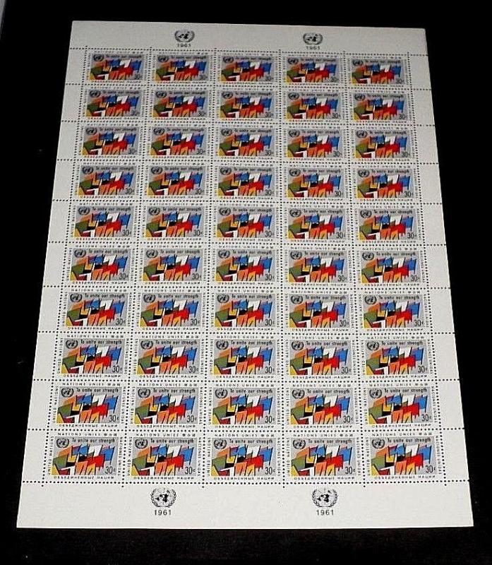 U.N. NEW YORK #92, 1961, ABSTRACT FLAGS, DEFINITIVE SHEET/50, MNH, NICE! LQQK!