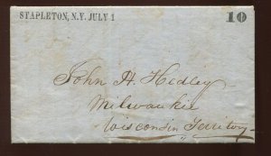 STAPLETON N.Y. JULY 1. Straightline CCL on Stampless 1847 Cover LV6047