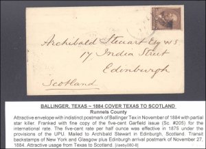 Runnels County Ballinger To Scotland ( Postal History ), 1884